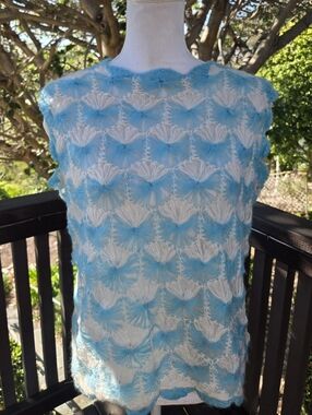 Vintage Sixties Blue and White Crochet Shell-Pattern Top Made In Hong Kong